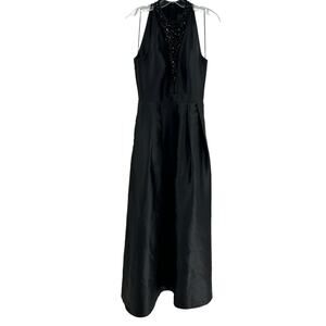 Adrianna Papell Gown Dress Maxi A-Line Beaded Mesh V-Neck Sz 6 Black High Neck